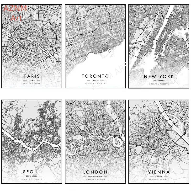 Photography Black And White - Stadtplan Kunstwerk Poster Paris New York